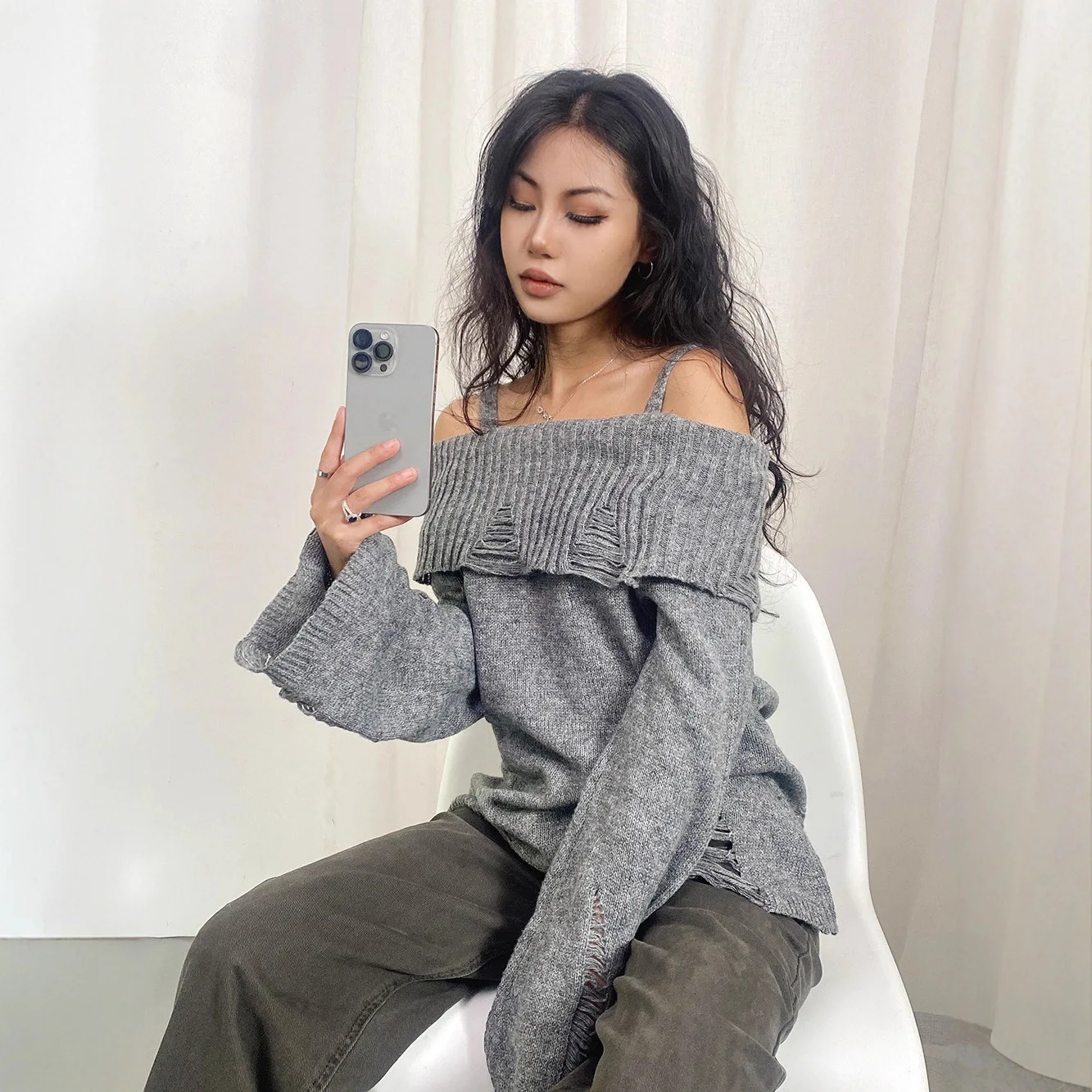 Elegant long sleeved camisole knitted sweater Off Shoulder Holes Long Sleeve Pollover Sweater Fashion Casual Chic Female Sweater