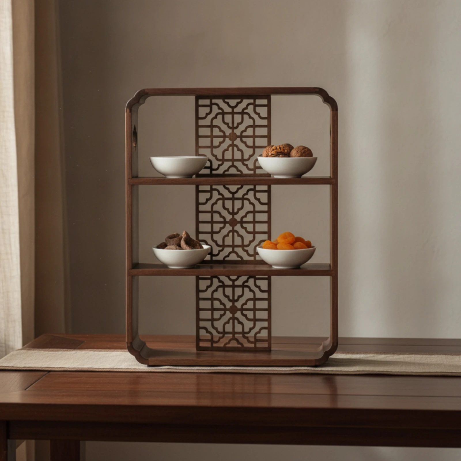 Wood Display Shelf with Carved Lattice Walnut Finish Three-Tier Shelf Wooden Bookshelf Compact Bookcase Traditional