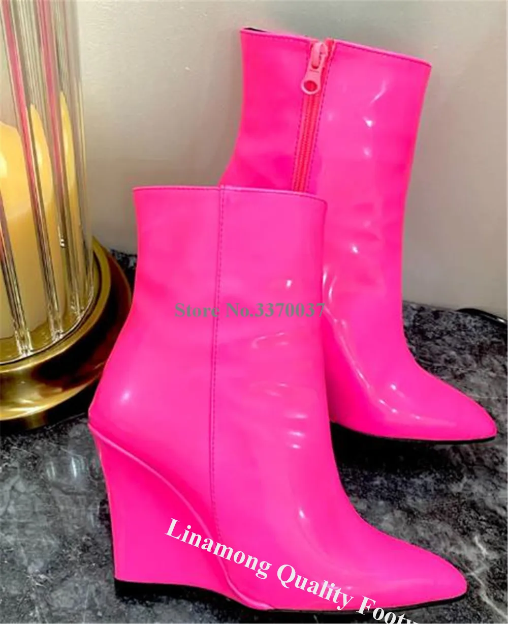 Linamong Pink Green Wedge Heel Short Boots Sexy Pointed Toe Patent Leather Zipper-up Wedges Shining Party Heels Big Size