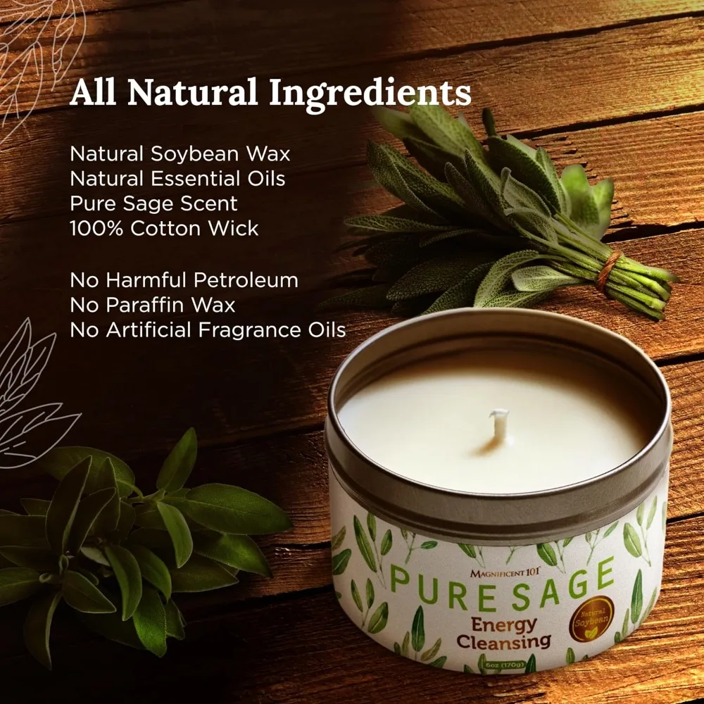 Pure White Sage Soy Candle - 6 Oz, 35-Hour Burn, Organic & Natural for Cleansing & Calm view 2
