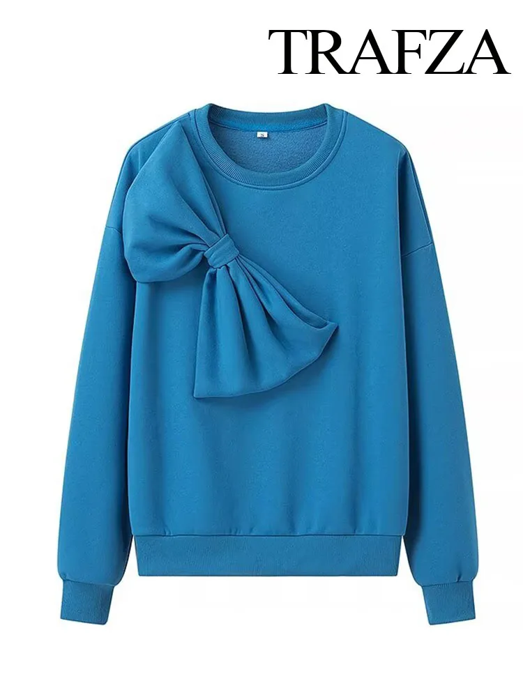 TRAFZA Women Spring New Elegant Bow Decoration Solid O-Neck Long Sleeves Pullovers Female Casual Sweatshirt Streetwear Mujer