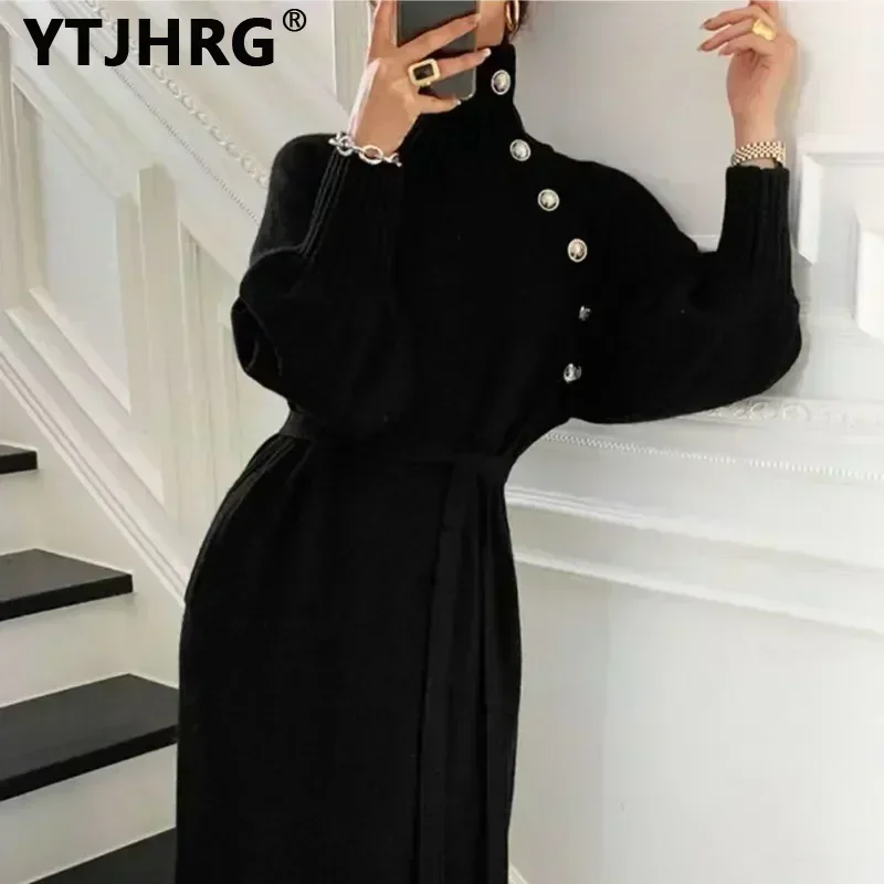 YTJHRG Women\'s Knitting Dresses Turtleneck Party Sweaters Long Sleeve Female Clothing 2024 New Autumn Winter Skirts Pullovers