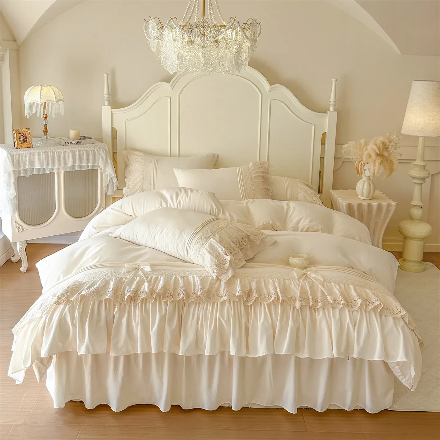 Beige Washed Cotton Bedding Sets Luxury Lace Bow Embroidery Princess Duvet Cover Bedspread Bed Skirt Pillowcases Home Textile