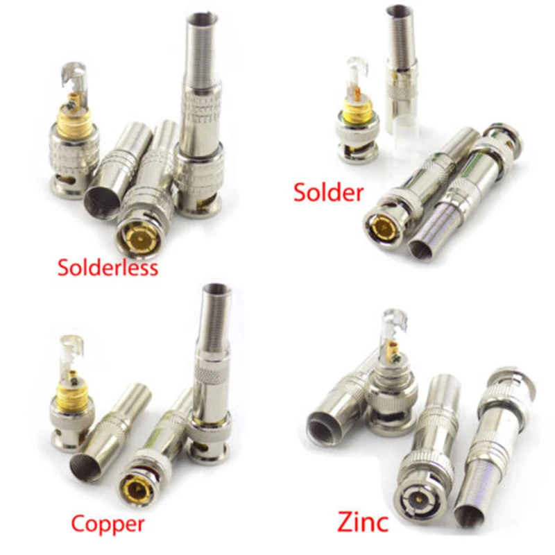 Solder Solderless BNC Male Plug Connector RG59 jack Coaxial for Video Balun Adapter Cable Copper Zinc Twist-on Twist Spring E1