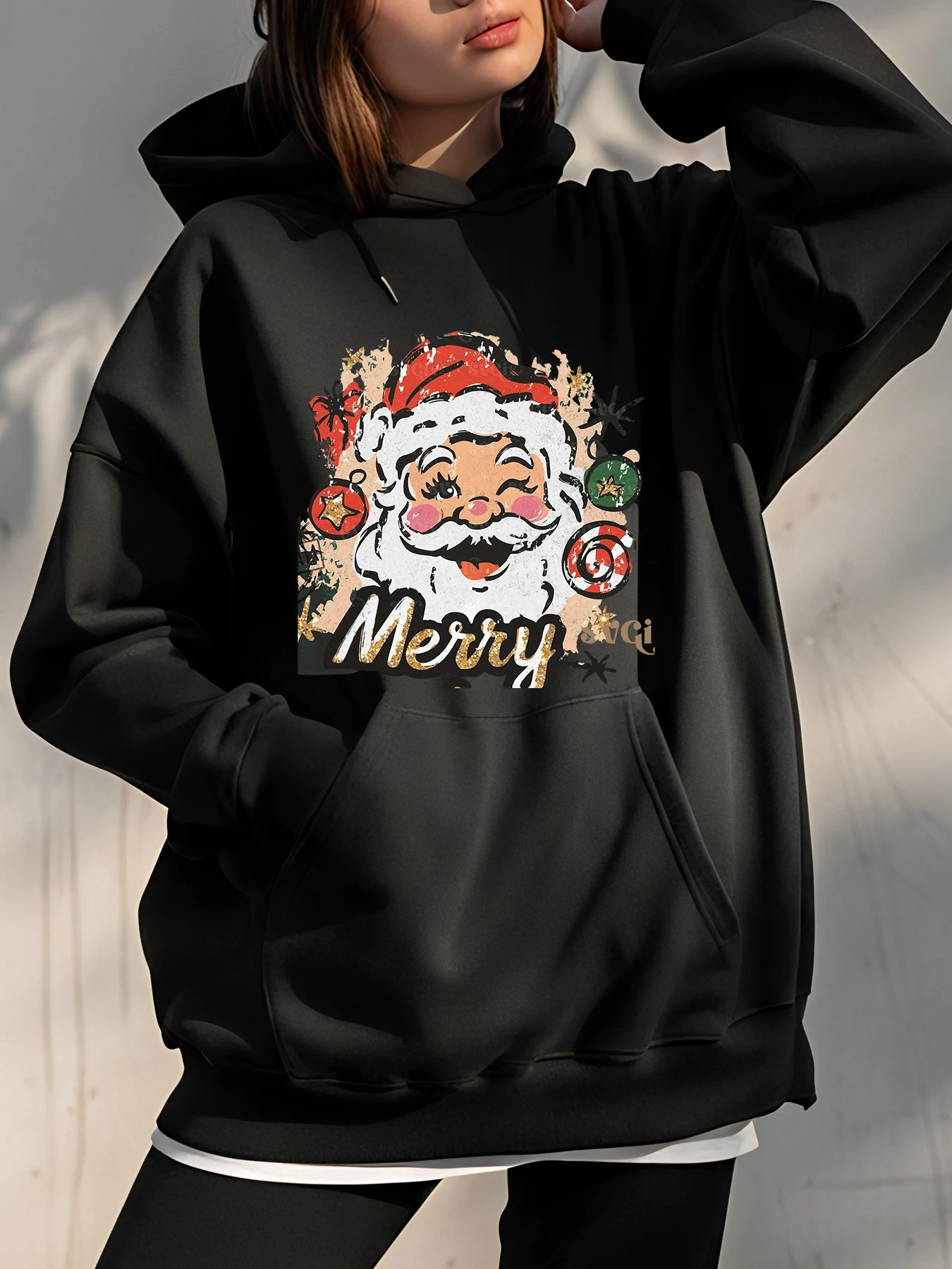Weihnachts-Kapuzenpullover mit Weihnachtsmann-Aufdruck, lässiges Damen-Sweatshirt, Weihnachtsgeschenk, Weihnachtsfeier, für Damen