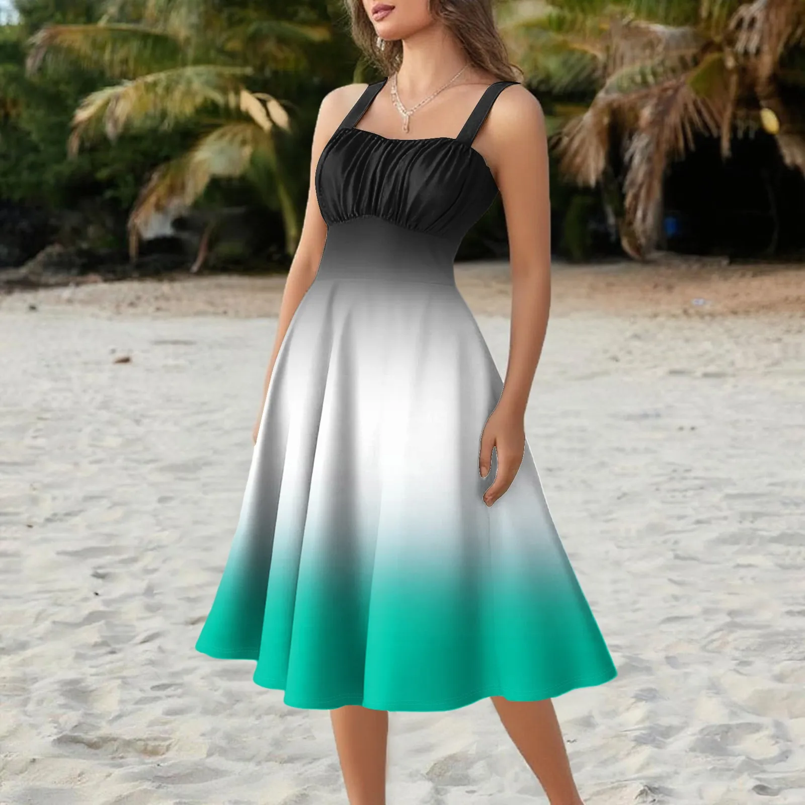 Women'S Vintage Sleeveless Pleated Patchwork Cute A-Line Hem Gradient Printed Dresses Vestidos Mujer Veranoa 2025 Women Clothing