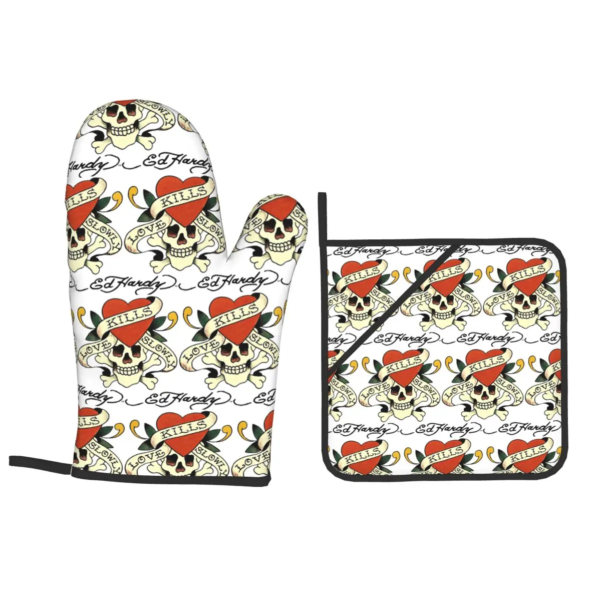 Ed Hardy Love Kills Slowly Oven Mitts and Pot Holder Sets of 4 for Baking Kitchen Cooking Grilling Resistant Non-Slip Gloves
