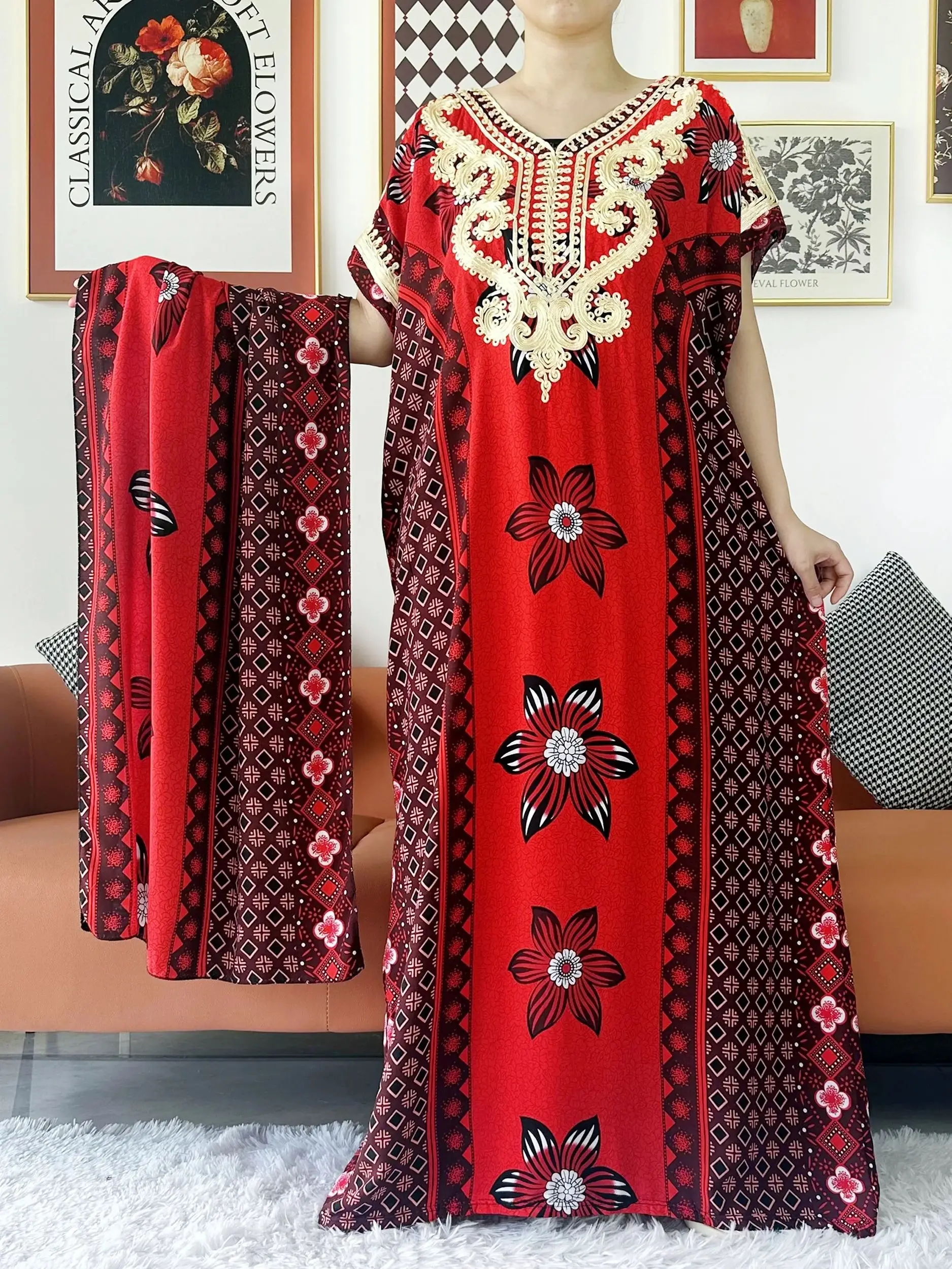 New African Fashion Short Sleeve African Abaya Embroidery Printed Cotton Loose Femme Robe Islamic Dresses With Big Shawls