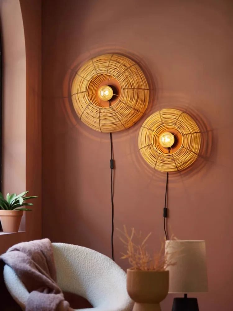 

Jiji wind wall lamp Japanese living room dining room bedroom Zen teahouse Chinese B&B Nordic retro handmade rattan lamp