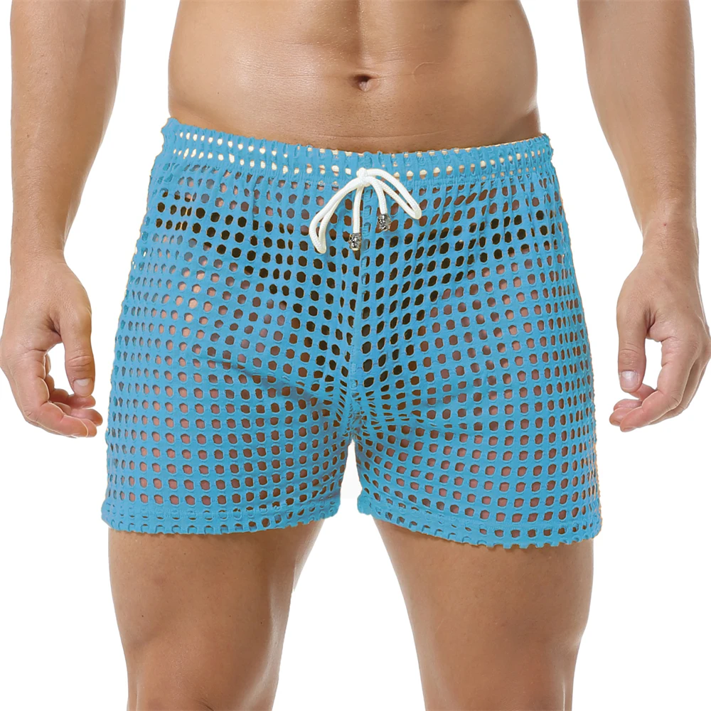 Breathable Mens Sexy Mesh Fishnet Causal Shorts Loose Men Hollow Out Beach Bikini Swim Trunks Drawstring Sport Gym Lounge Shorts