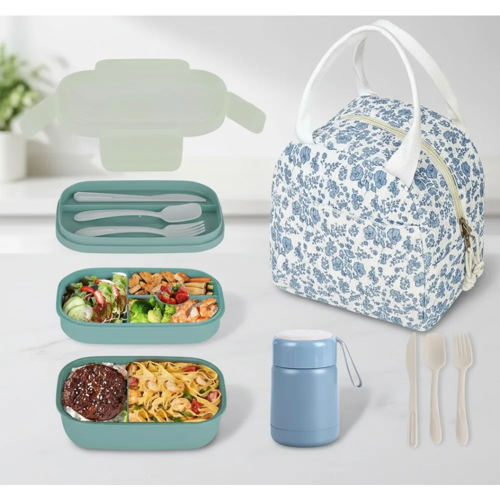 

Insulated Bento Lunch Box Set for Women, Leak-Proof Food Containers with Soup Thermos, Travel Picnic Bag