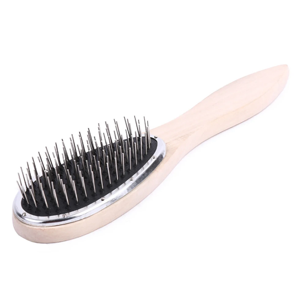 Natural Solid Wood Handle Gradient Stainless Steel Pin Wig Detangling Brush Elastic Rubber Cushion For Synthetic Human Hair Wigs