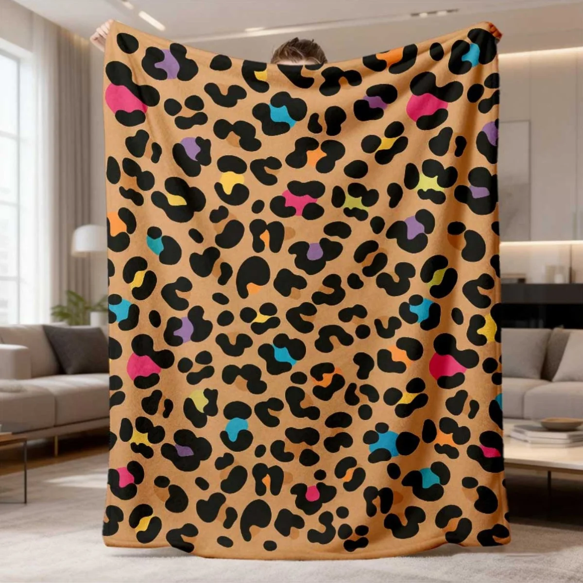 Trendy Multicolor Leopard Spot Full Print Flannel Throw Blanket Light Cozy Blanket Living Room Bedroom Fashion Daily Rest Use