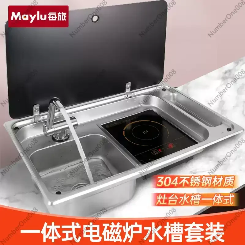 RV Stainless Steel Sink and Induction Cooker Combination Unit with Tempered Glass Lid And Hot And Cold Folding Faucet