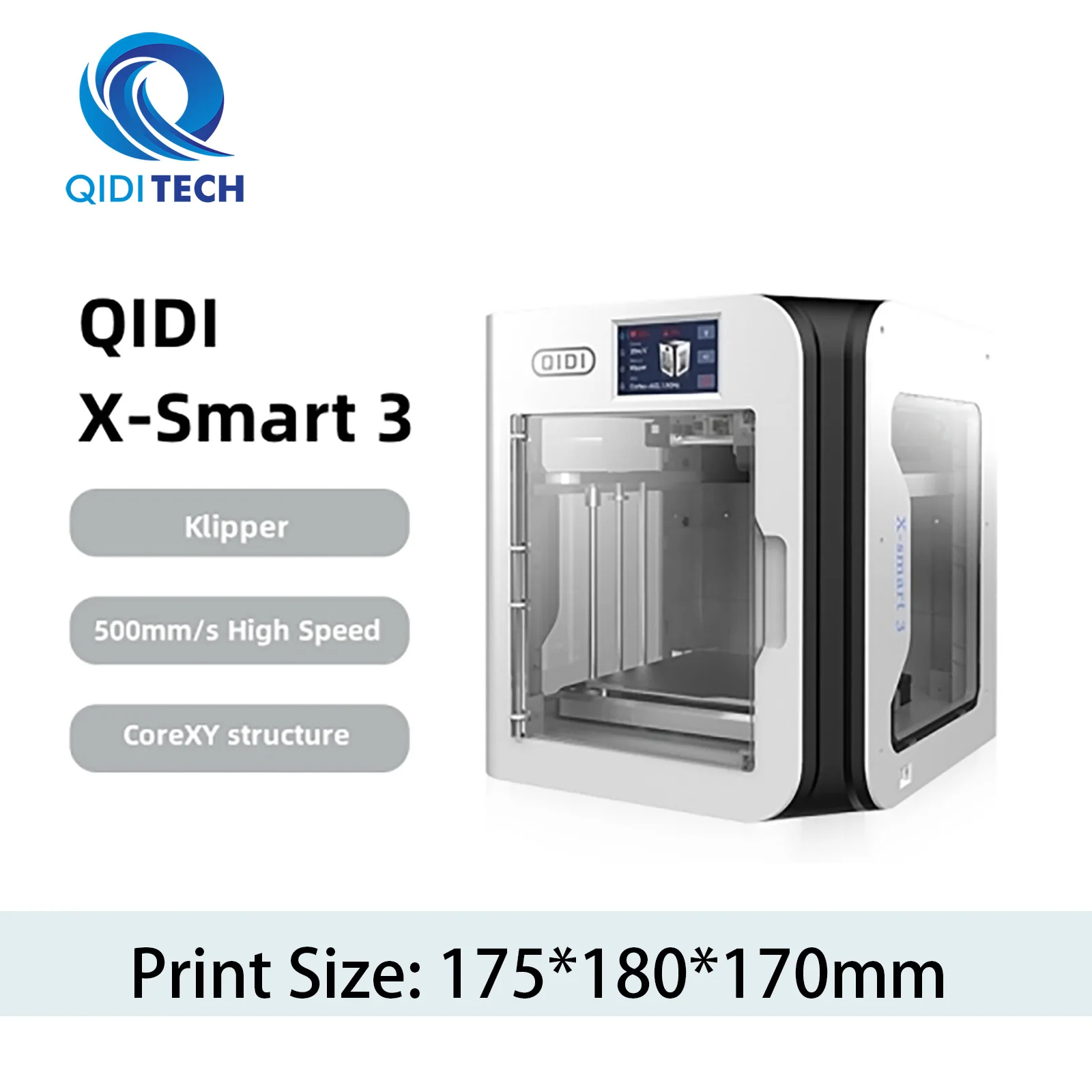 

QIDI TECHNOLOGY X-Smart 3 3D Printer, 500mm/s Fast Speed, 64-bit Processor, CoreXY Structure, 175*180*170mm