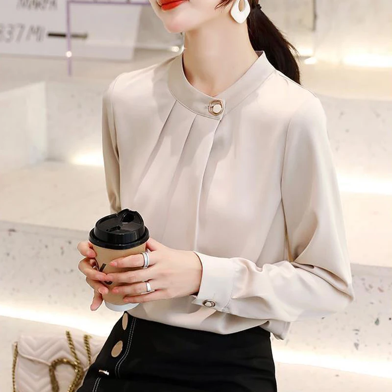 Ruffled Elegant Chic Stand Collar Office Lady Shirt New Korean Fashion Solid Long Sleeve Business Casual Top Blouse Women Blusas