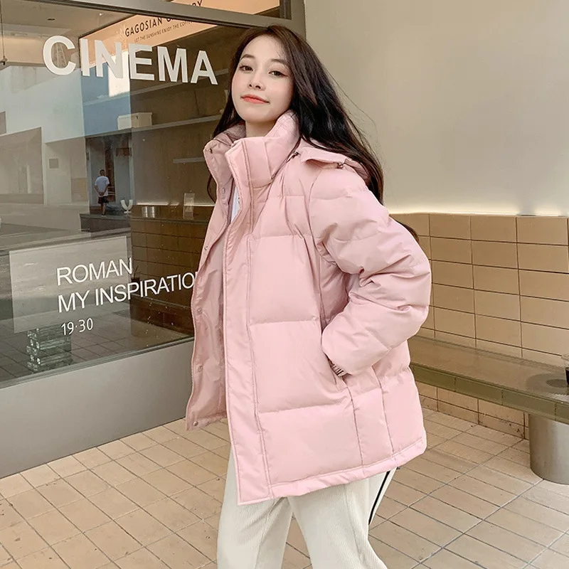 

Unisex Short Thickened Stand Collar Puffer Jacket Bread Style Loose Fit Slimming Winter Coat Long Sleeve Durable for Couples