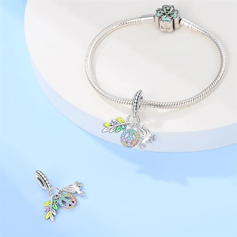 925 Sterling Silver World Peace Charms Beads Zircon Dangle Fit 3mm Original Bracelet DIY Women Party Jewelry Gifts
