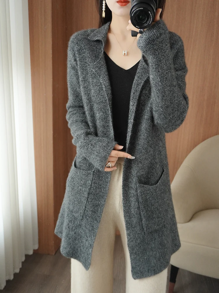 Cashmere Sweater Ladies Lapel Cardigan Spring and Autumn New Buttonless Jacket Casual Knitted Loose Korean Fashion Pure Wool Top