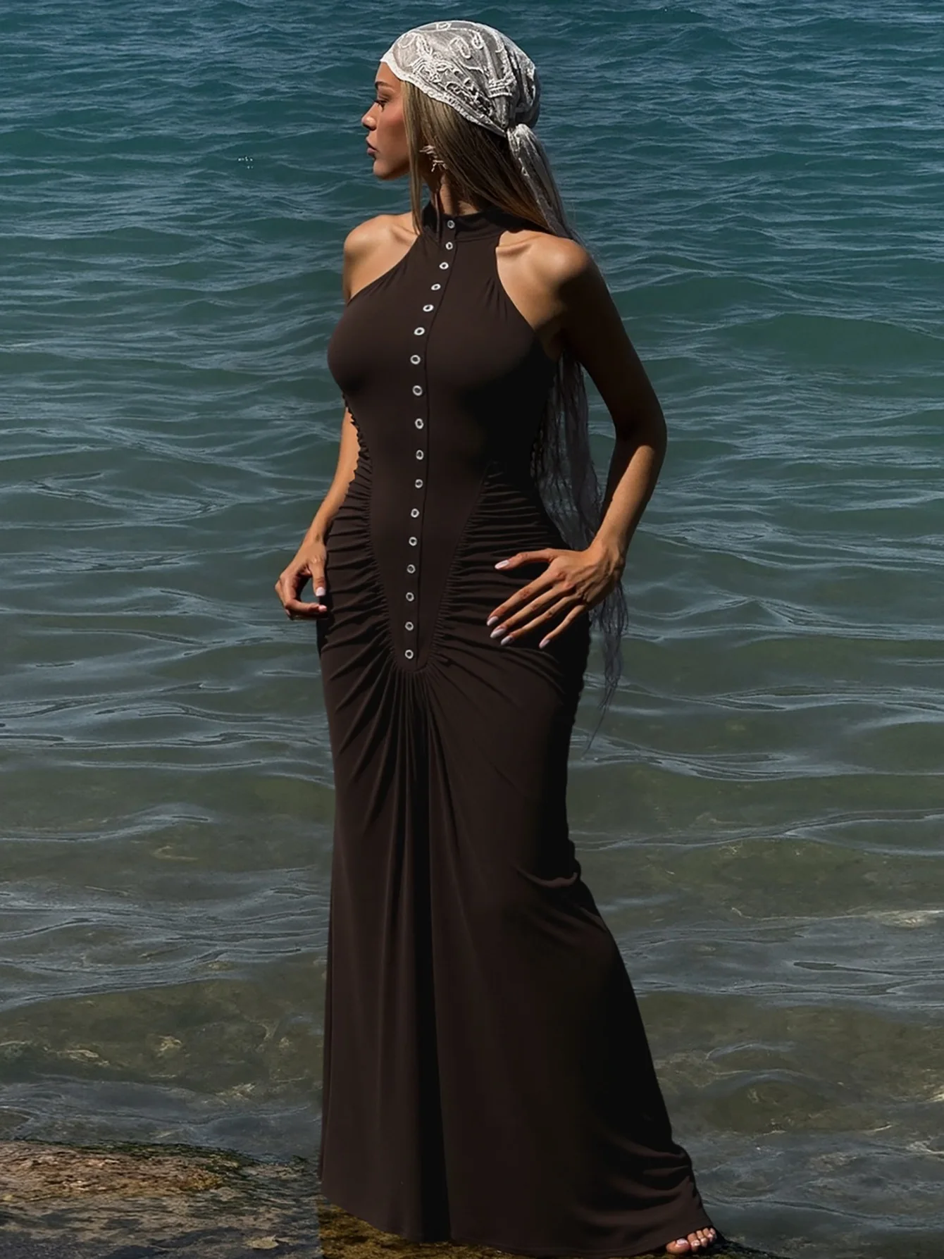 ドレス レディース ゼブラ柄 サテン装飾ボタン付き プリーツ マキシ丈 レセプション ビジネス プロフェッショナル フォーマル オフィス エレガント モダン 通勤