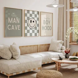 Nursery Checkered Sage Green Smiley Long Live Boyhood Quote Poster Print Canvas Painting Wall Art for Kids Room Decor Home Dec