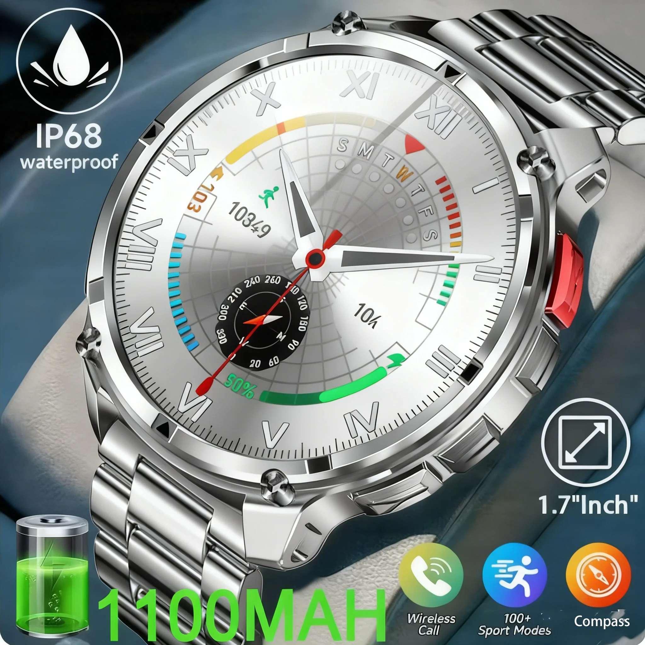 

2026 New 1100mAh Battery Military Outdoor Edition SmartWatch AMOLED 5ATM Waterproof Bluetooth Call Clock Compass Sports Watches