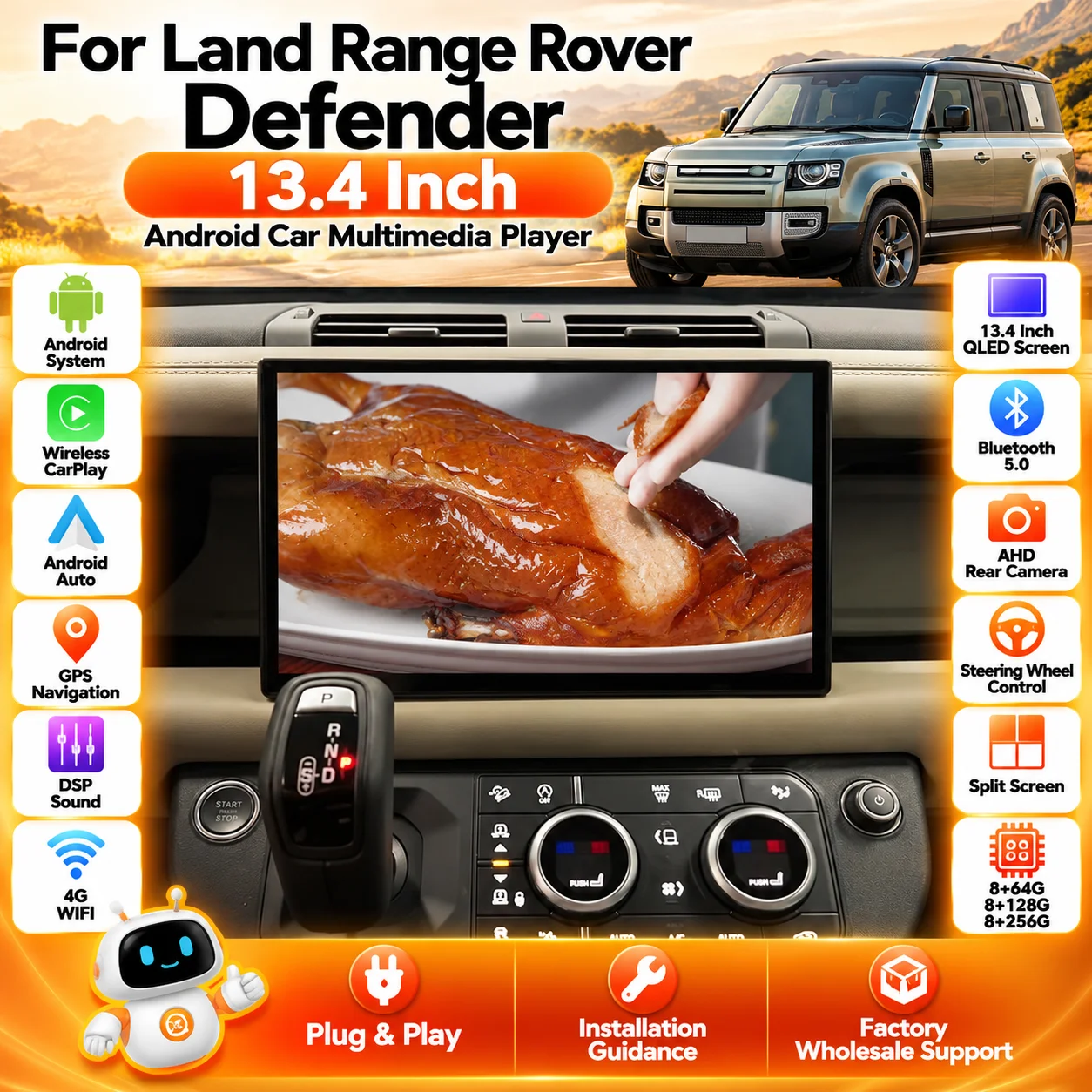 13.4 inch QLED Touch Screen Android System For Land Range Rover Defender GPS Navigation Wireless Carplay Radio Player Head Unit