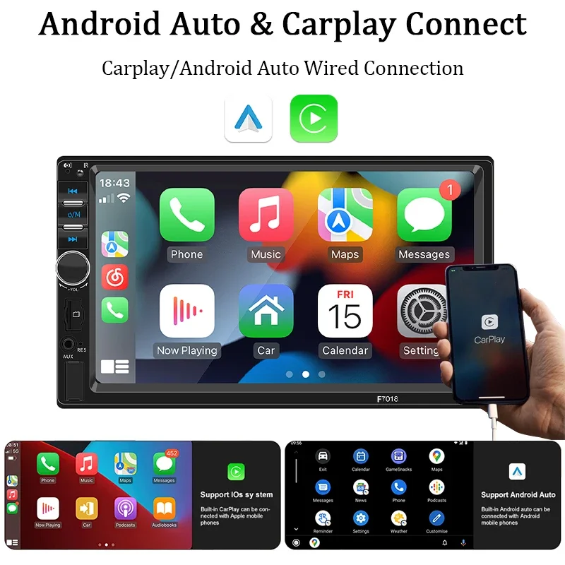Hippcron 7“ 1 Din Car Radio Carplay Android Auto Multimedia Player HD Touch Screen Bluetooth MirrorLink Autoradio FM AUX Input
