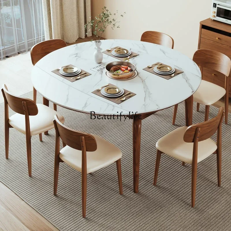

Modern simple square retractable folding rock slab dining table induction cooker Nordic solid wood
