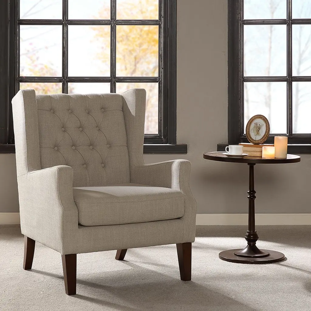 Salon & Spa Chair with Button Tufted Cushion, Solid Wood Frame, Beige, Customized