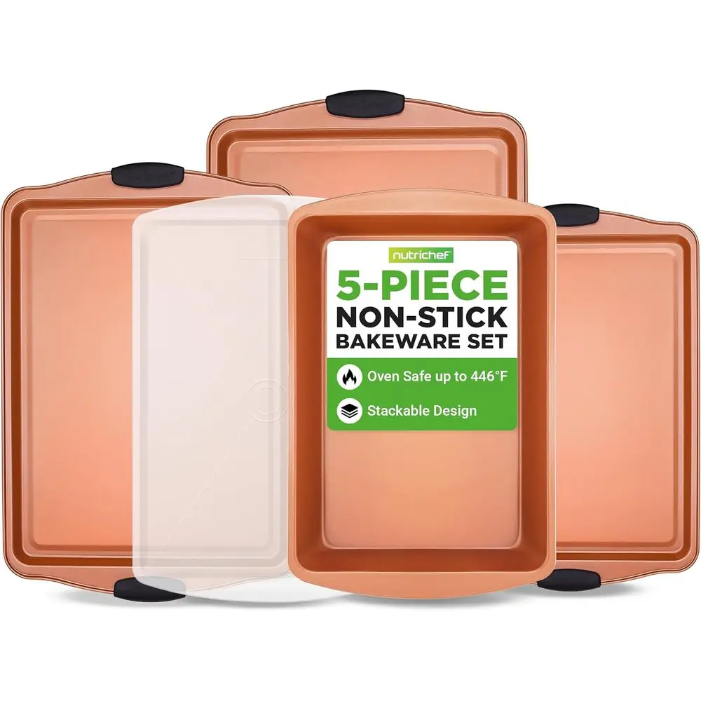 

5-Piece Bakeware Set – Non-Stick, Stackable Kitchen Baking Pans with Silicone Handles – Includes 3 Cookie Sheets, Baking Pan & L
