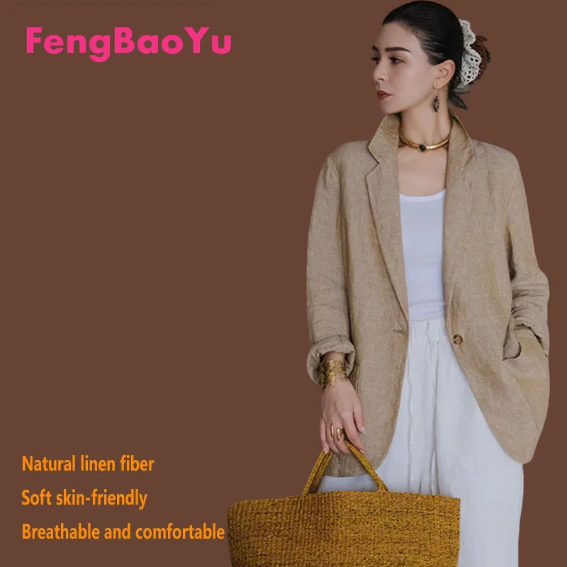 Fengbaoyu 100% Natural Linen Women's Suit - Spring-Autumn Outdoor Leisure Style Outerwear - Comfortable and Breathable Top