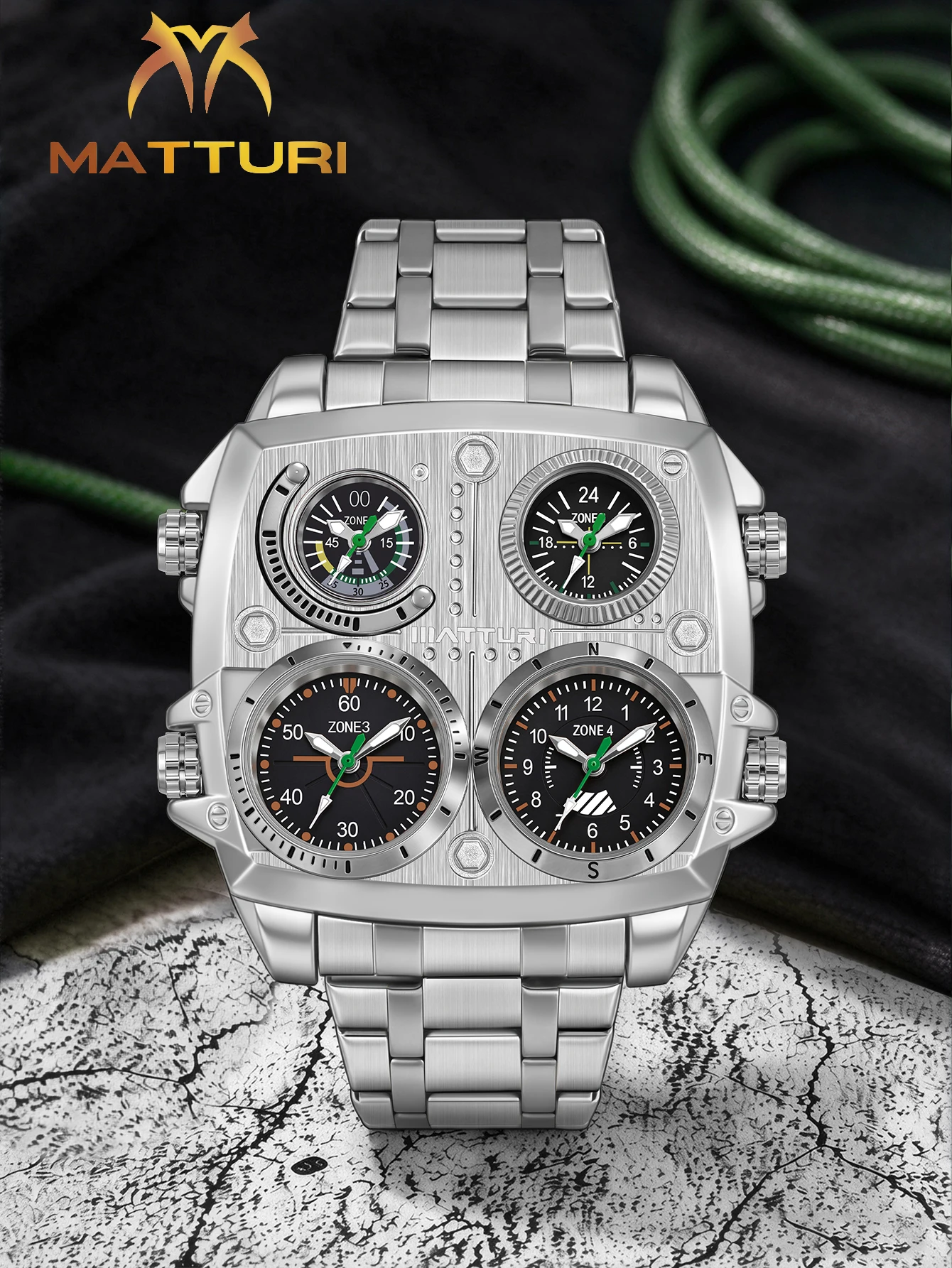 NS Never Stop Men's Steel Watch – Round Case, Analog Quartz, Rotating Crown, Week/Date, Folding Clasp