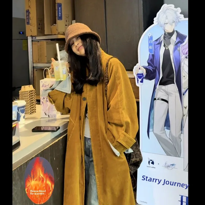 Thickened Fleece Long Cardigan Style Women's Outerwear Coat Vintage Versatile Winter Warm Polyester Cotton Blend Long Sleeve