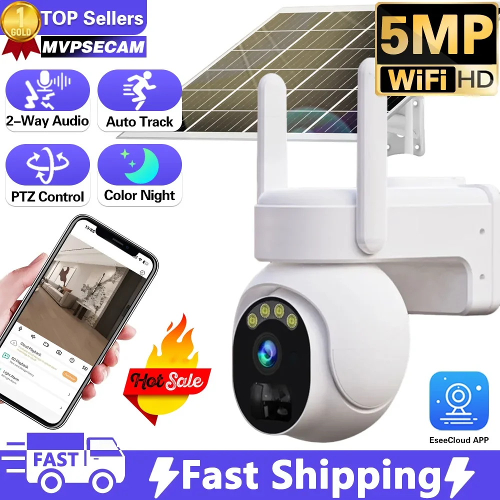 

5MP Solar Wifi PTZ Camera Outdoor 5MP Color night vision Wireless Recharge Battery Surveillance IP Cameras With Solar Panel 2K