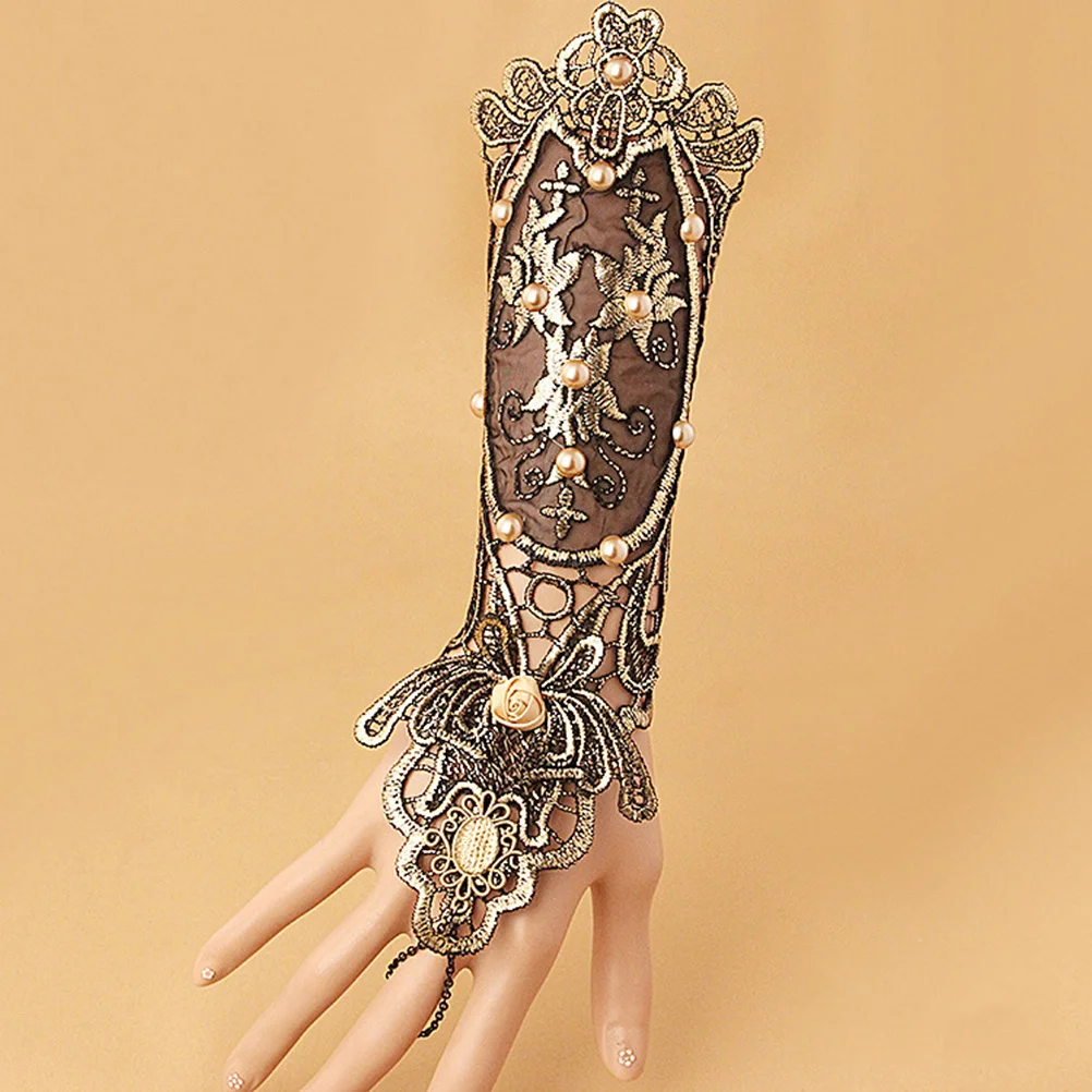 

2Pcs Renaissance Inspired Pearl Decorated Lace Fingerless Gloves and Chain Bracelet Set Soft Comfortable Arm Sleeves for Women