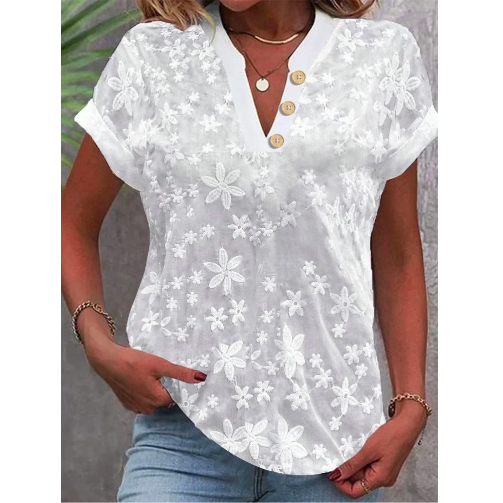 Women\'s Blouse Printed Top 2024 Summer Office Lady Casual Solid V-neck Short Sleeved White Shirt