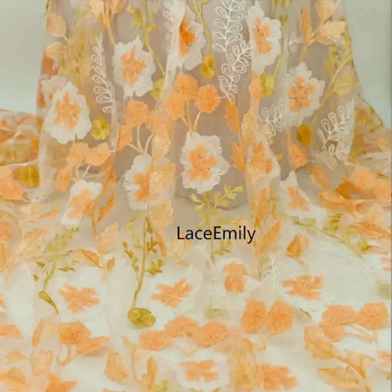

3 цвета оранжевый цветок вышивка кружевная ткань цветочный тюль для свадебного платья, свадебного платья, летнего платья, праздничного платья 1 ярд