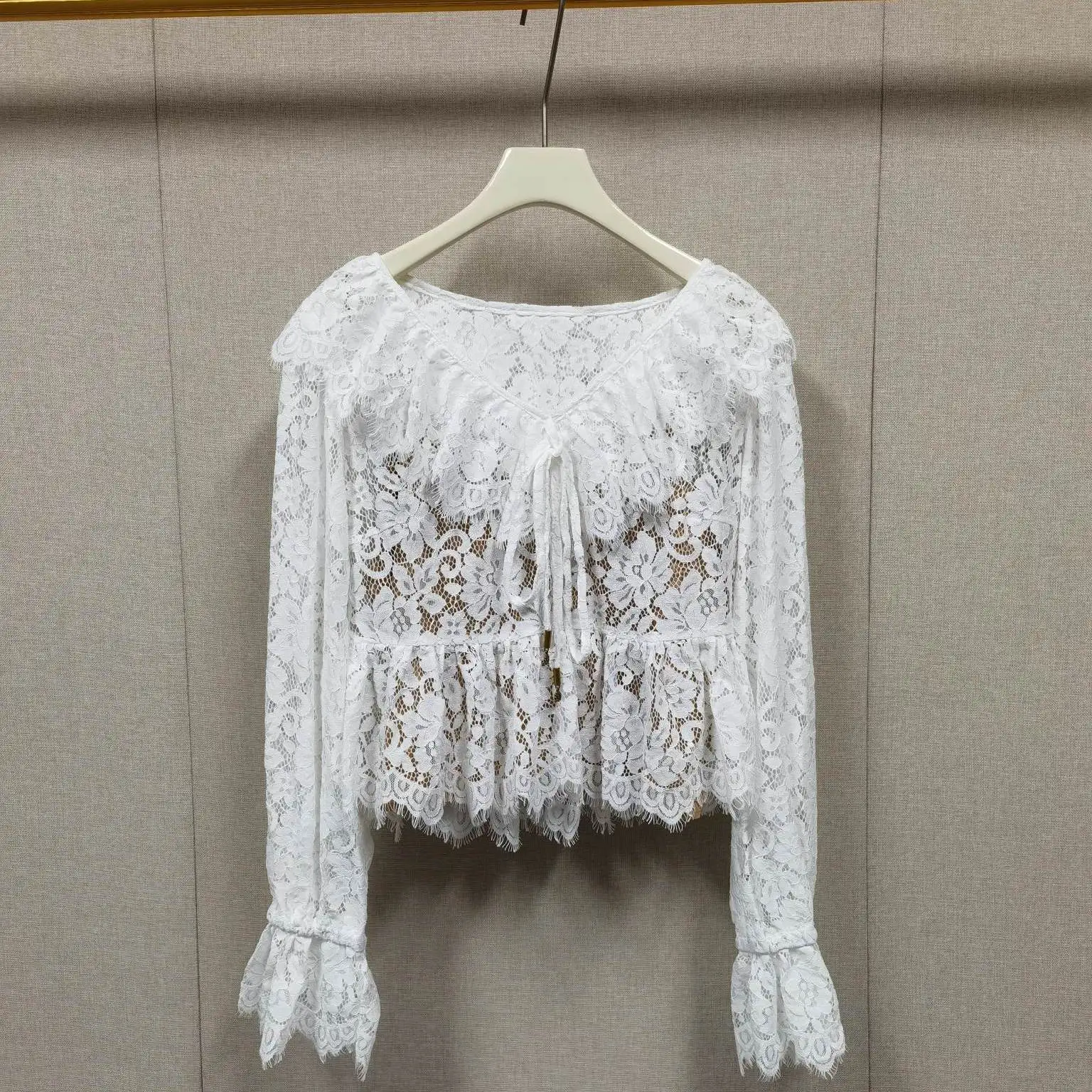 

Spring Summer Women's Lace Hollow out Shirt Fashionable Floral Long Sleeve Cotton Korean Style Belted Pure Color Top