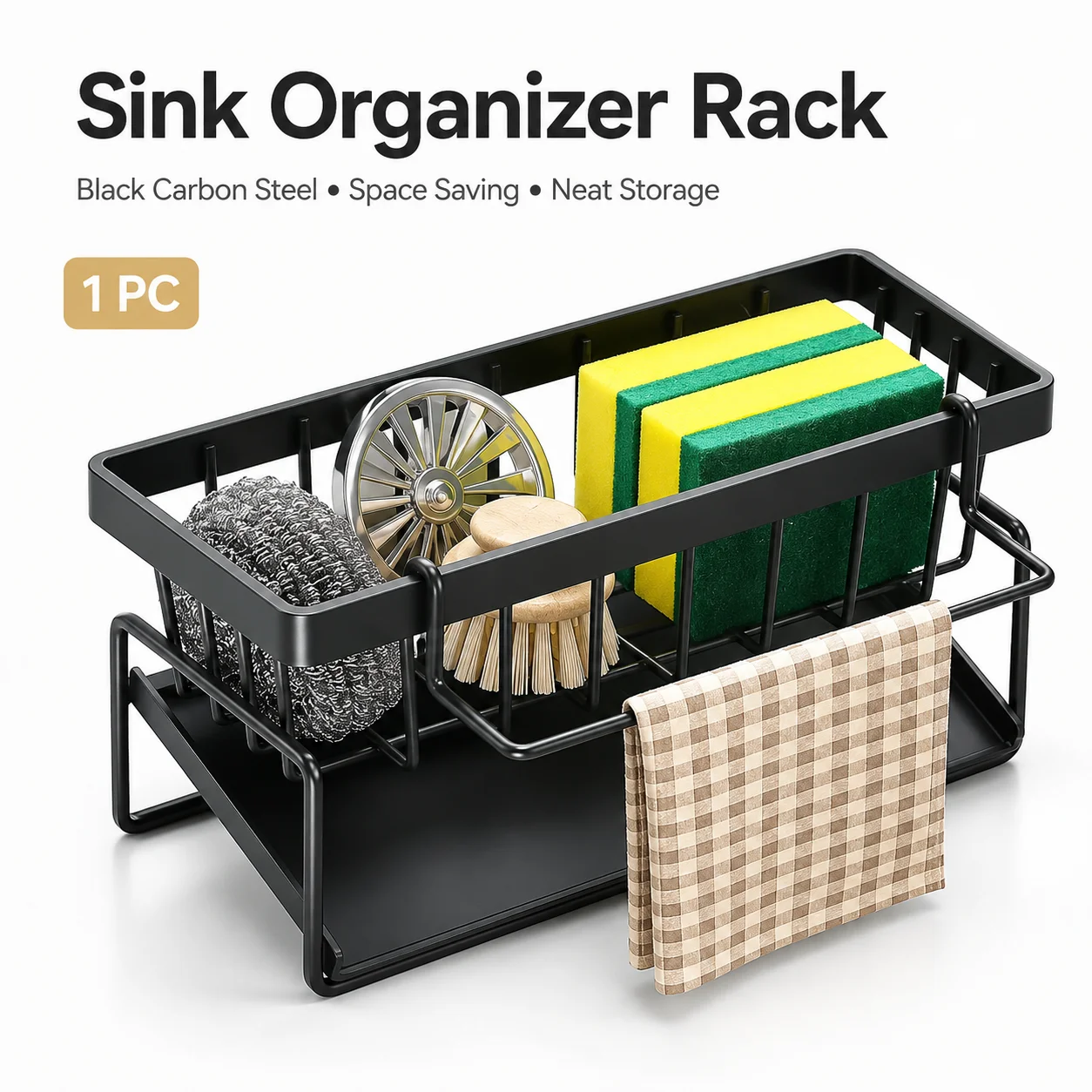 Black Carbon Steel Sink Organizer Rack Kitchen Sponge Holder Soap Dish Brush Storage Rack with Drain Tray Towel Bar Countertop Storage