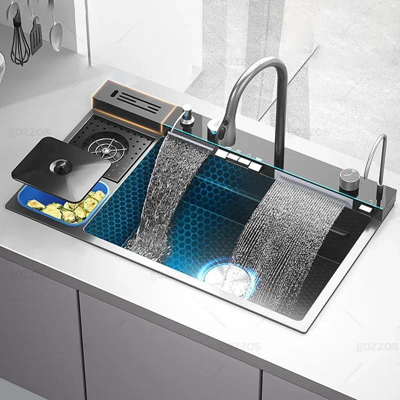 

Waterfall Large Single Sink Kitchen Stainless Steel with Trash Can Multifunctional Vegetable and Dishwashing Basin Sink