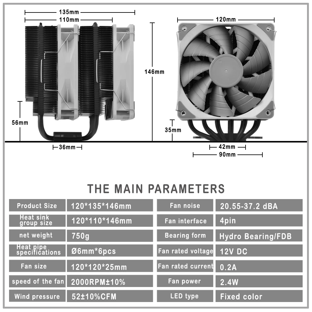 IWONGGOU-CPU Cooler com 6 Heatpipes, TDP, 240W, Ventilador RGB, Processador X99 Xeon, Intel LGA 1700, 2011, 1200, 1150, X79, AM3, Am4