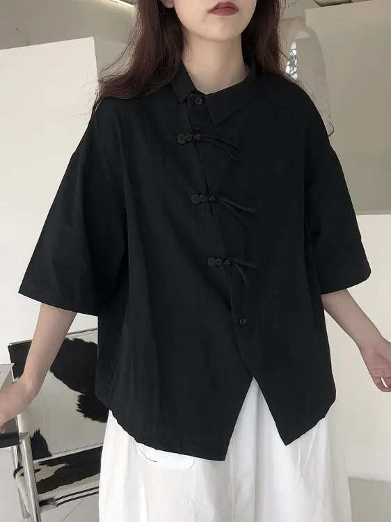 

Bla Chinese Sle ort Sve irt Women's Summer Versatile Button down Collar Loose Fit Neline Regular Length