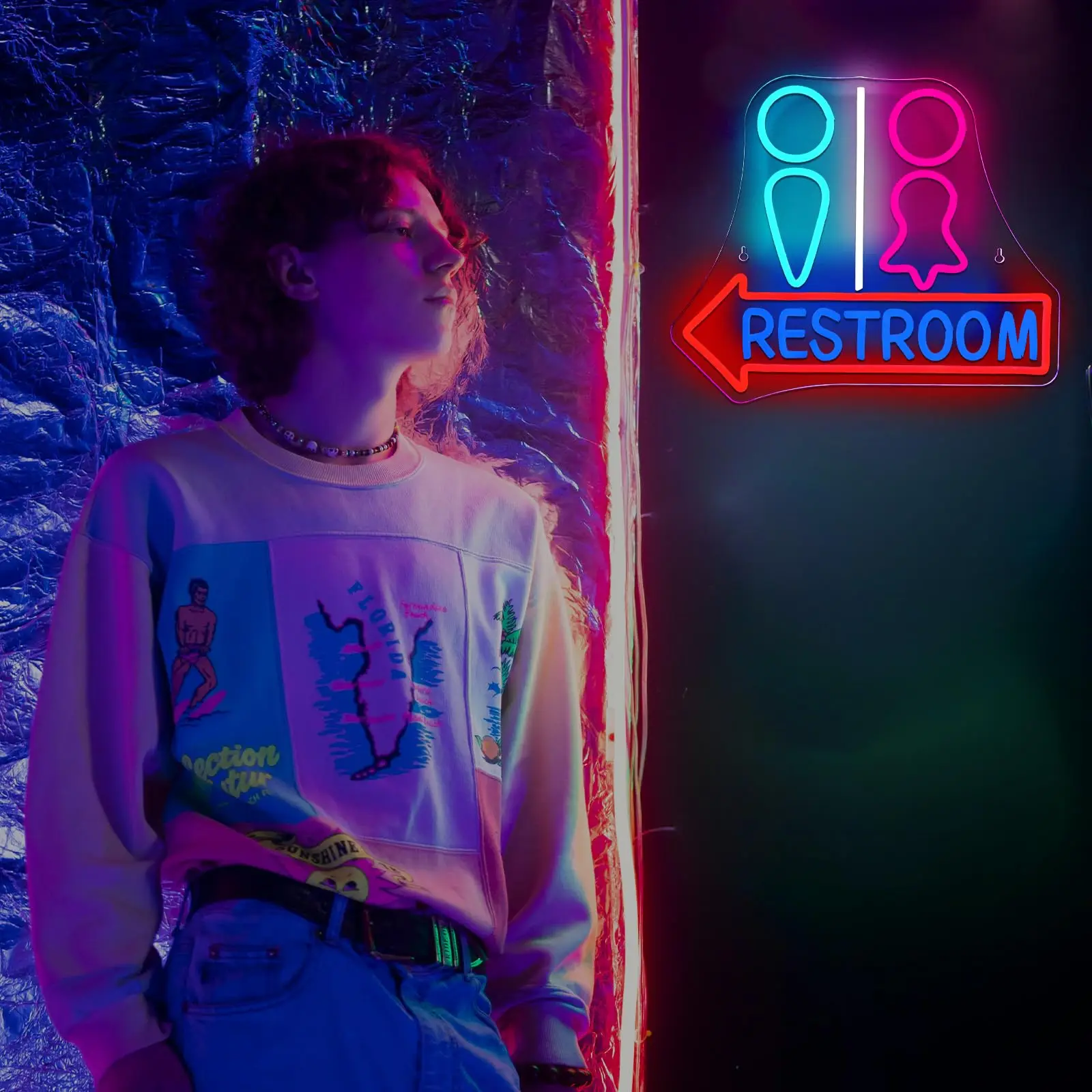 Restroom Neon Sign with Arrow – LED Gender Bathroom Sign, Wall Decor Light for Bar, Restaurant, Business, Home