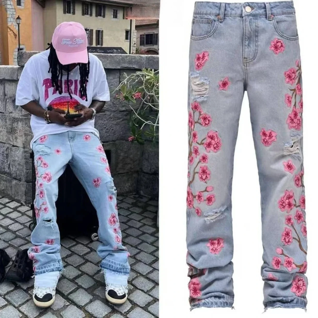 

Мужские джинсы с принтом, прямые брюки, мужские джинсовые джинсовые брюки с карманами на пуговицах, уличная одежда, уличная одежда со средней талией, весна-лето