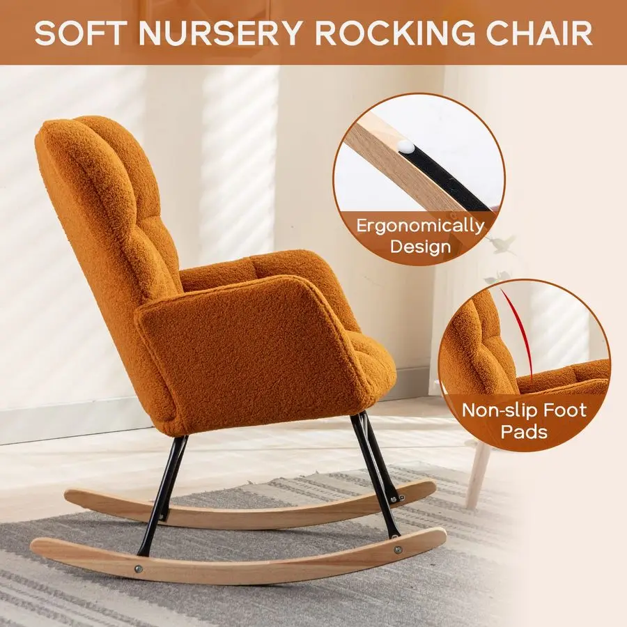 Nursery Rocking Chair, Upholstered Glider Chair with High Backrest, Rocker Accent Armchair with Solid Wood Legs for Nursery Bedr