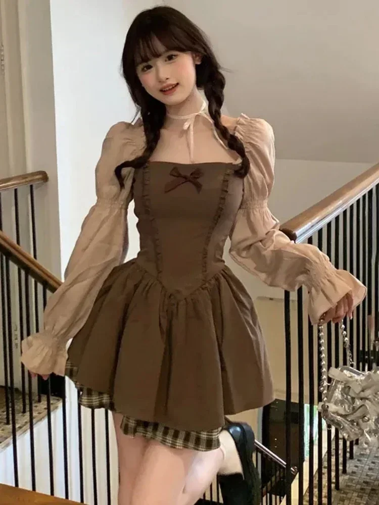 

Kawaii Korean Style Brown Mini Lolita Dress Women Cute Fairycore Vintage One Piece Long Sleeve Tunic Evening Dresses 2025