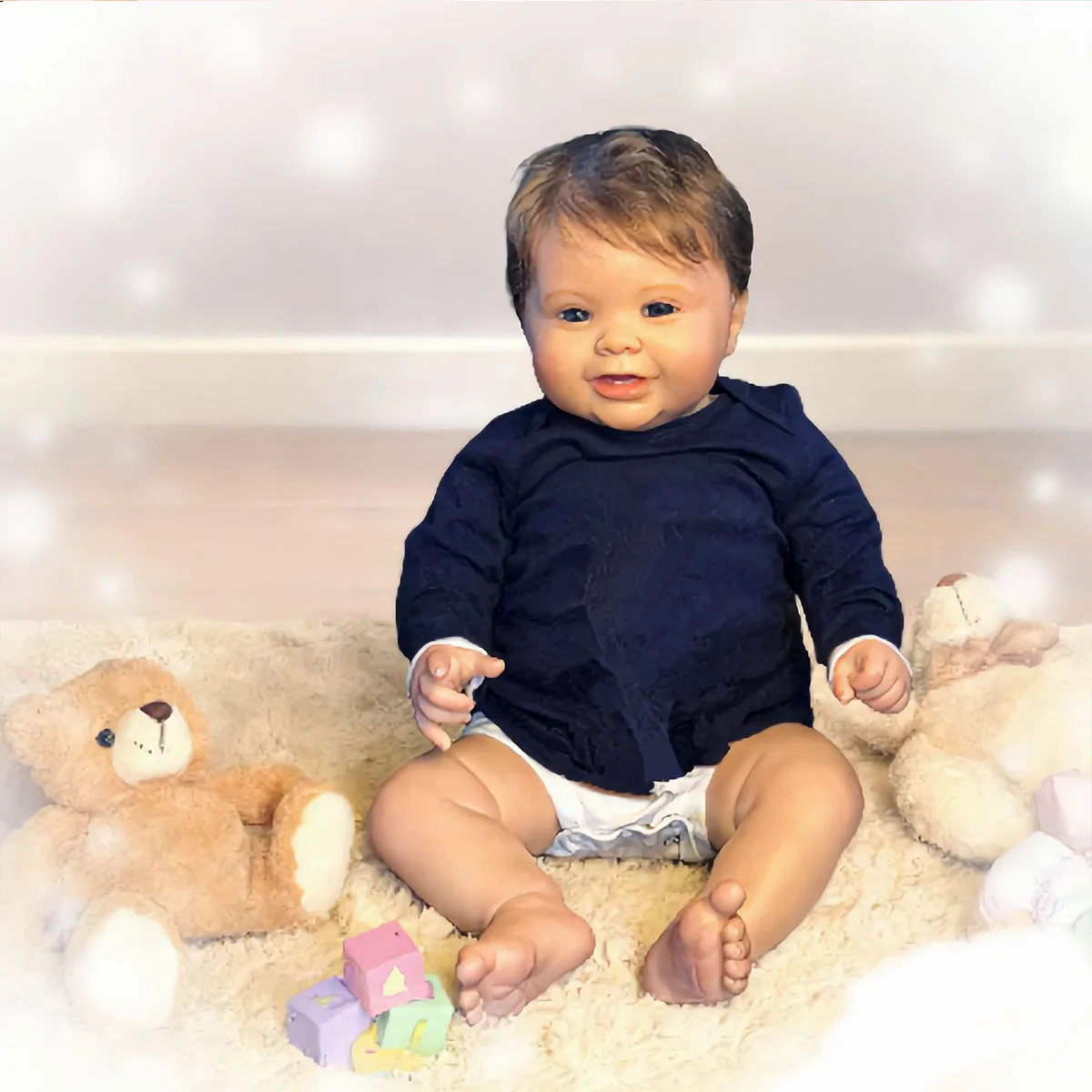 20 Zoll lebensechte Reborn-Babypuppe, realistische Neugeborenen-Puppe mit braunen Haaren und offenen Augen, weicher, gewichteter Körper, handgefertigtes Reborn-Kleinkindspielzeug für Geburtstags- und