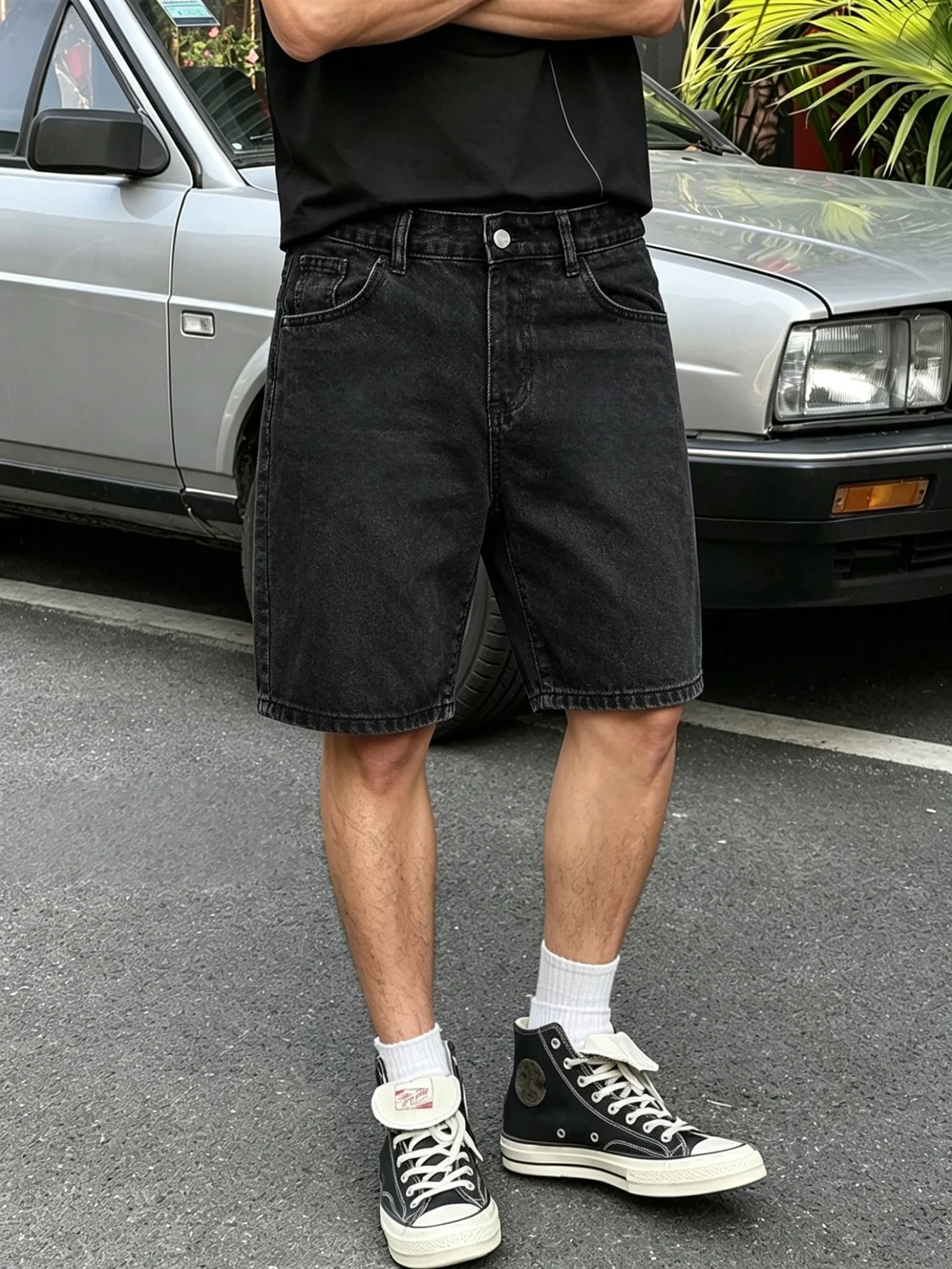 Vintage black non stretch denim jorts for men loose fit solid color simple trendy casual straight leg daily short bottoms