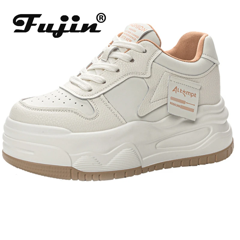 

Fujin 7.5cm Women Stable High Platform Chunky Sneakers Fashion Spring Autumn Ladies Vulcanize Cow Genuine Leather Lace Up Shoes